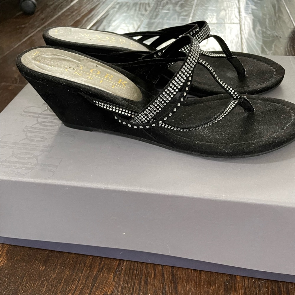 Black Wedge Sandals embellished straps size 8 by New York transit faux suede